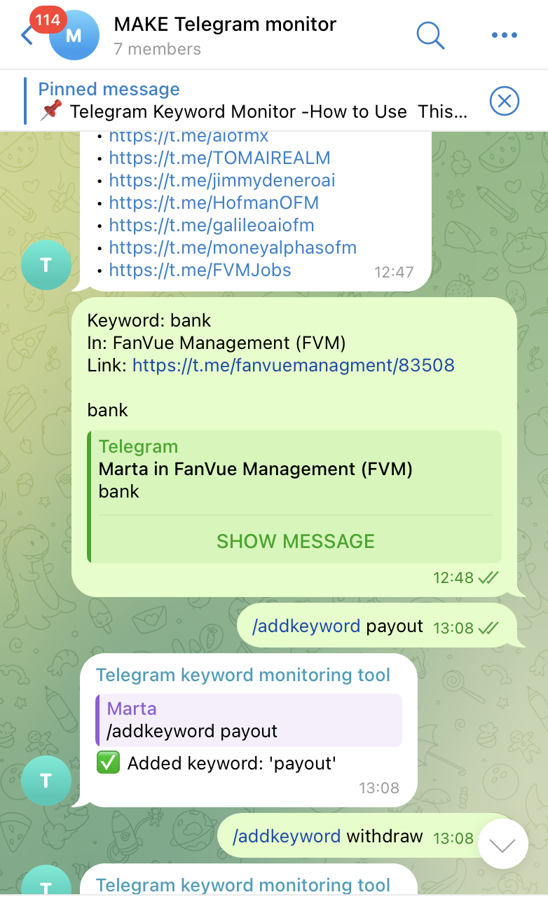 Telegram keyword monitor sending a real-time alert